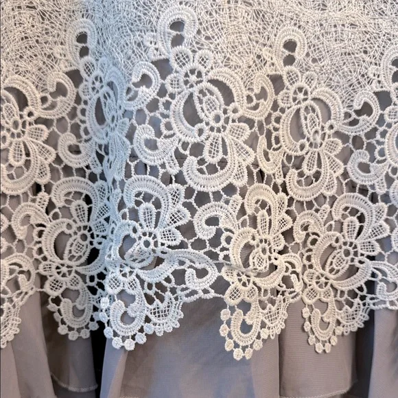 Light Gray Lace Crochet Long Sleeve Layered Chiffon Blouse Women’s Top XS/Small - Picture 3 of 8